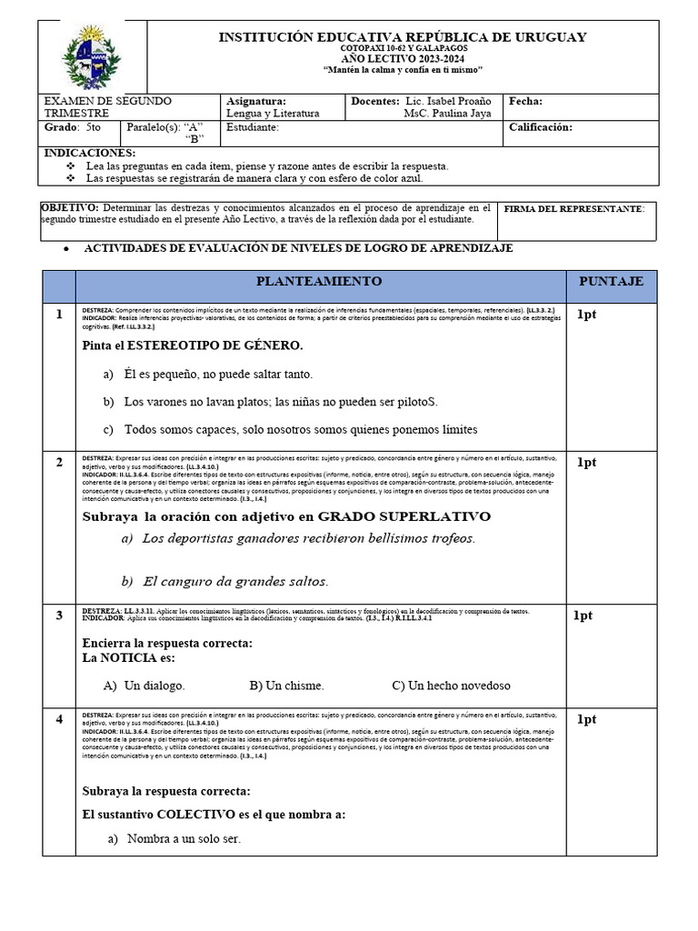 Examen de Lengua 5to Grado 2023-2024 | PDF | Verbo | Evaluación