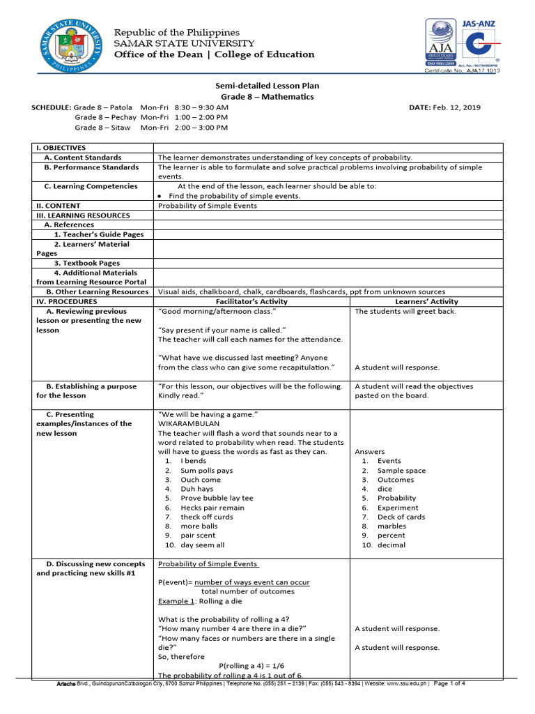 Grade 8 Probability Lesson Plan | PDF | Probability | Learning