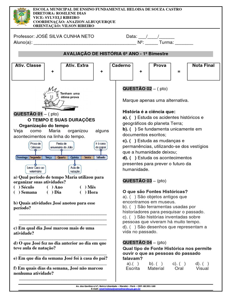 Avaliação de História 6º Ano - 1º Bimestre | PDF | Tempo | Science