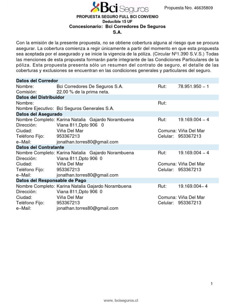 Propuesta Seguro Full BCI 2024-2027 | PDF | Póliza de seguros | Seguro