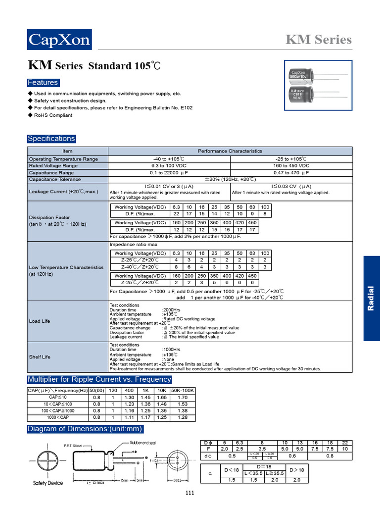 KM Series Radial Capacitor Specs | PDF | Capacitor | Physical Quantities