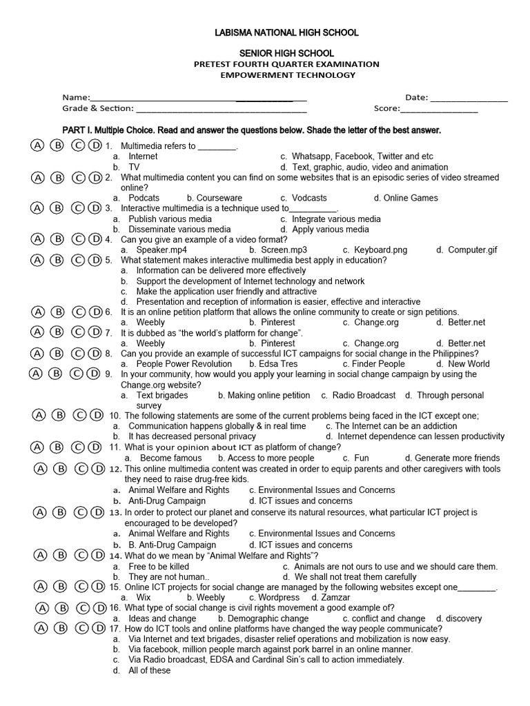 Empowerment Tech Pretest for Students | PDF | Educational Technology ...