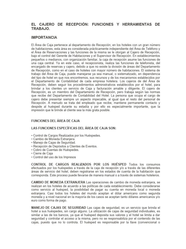 Funciones del Cajero de Recepción en Hoteles | PDF | Hotel | Tarjeta de ...