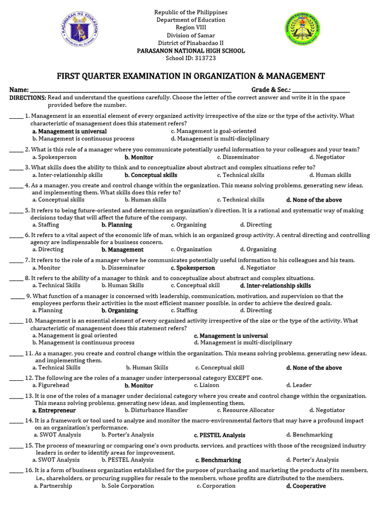 Test Questionnaire Org&Mngt Q1 | PDF | Corporations | Leadership