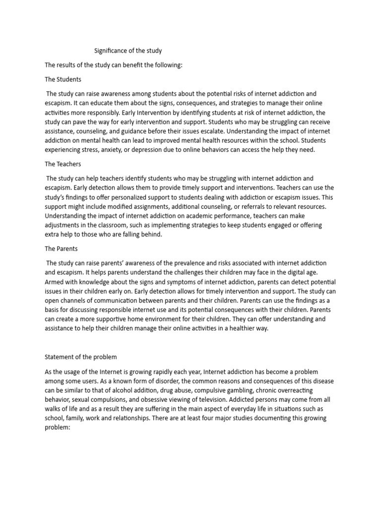 Significance of The Study and Statement of The Problem | PDF | Mental ...