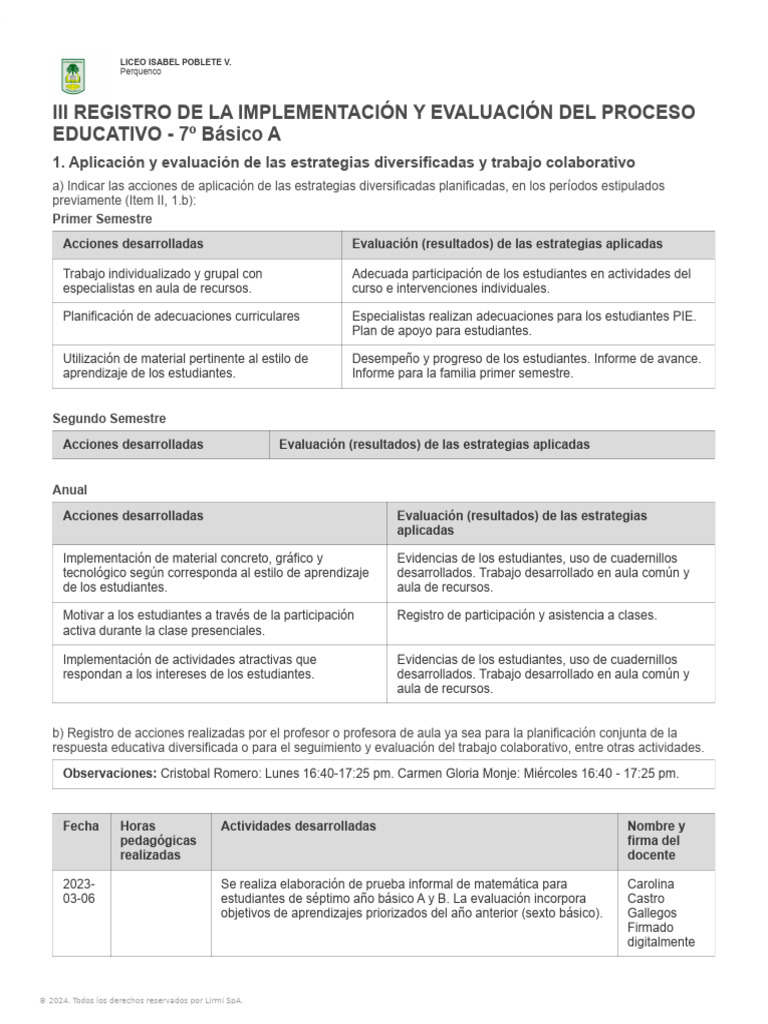 Evaluación del Proceso Educativo 7º Básico | PDF | Evaluación | Salón ...