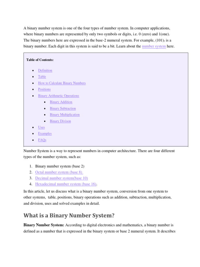 A Binary Number System Is One of The Four Types of Number System | PDF ...