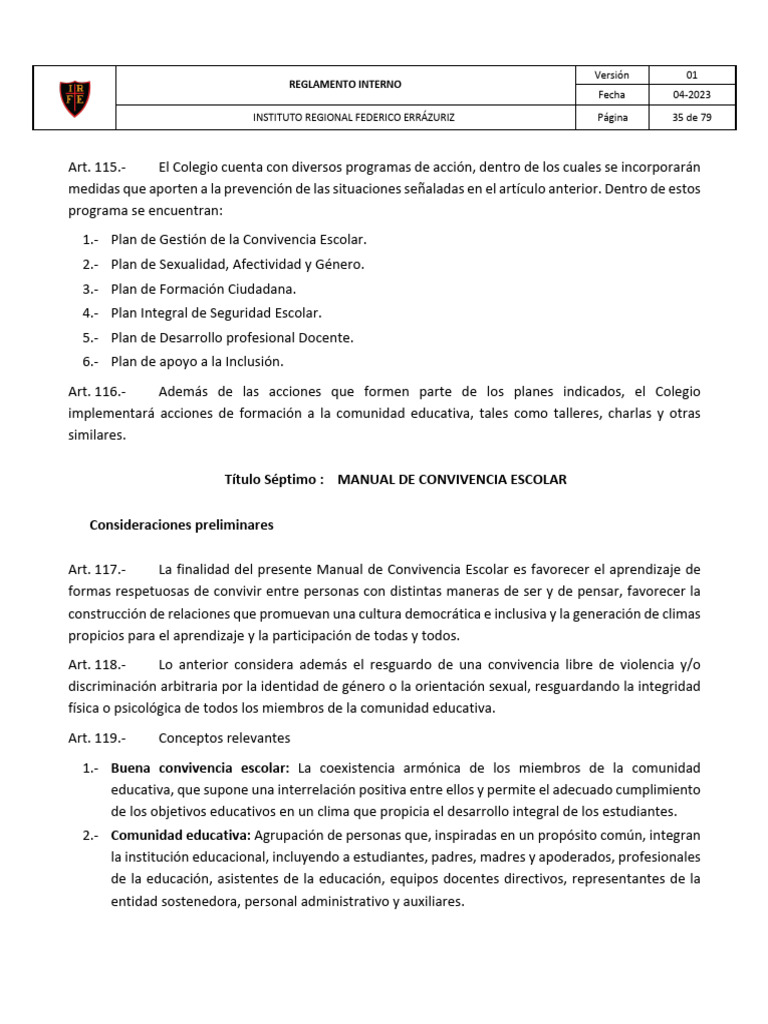 Reglamento de Convivencia Escolar IRFE | PDF | Abuso infantil | Violencia