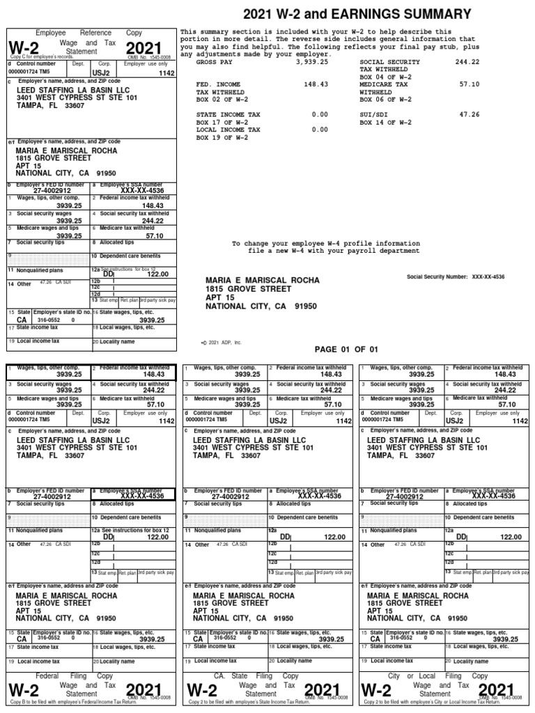 2021 W-2 Wage and Tax Summary | PDF | Irs Tax Forms | 401(K)