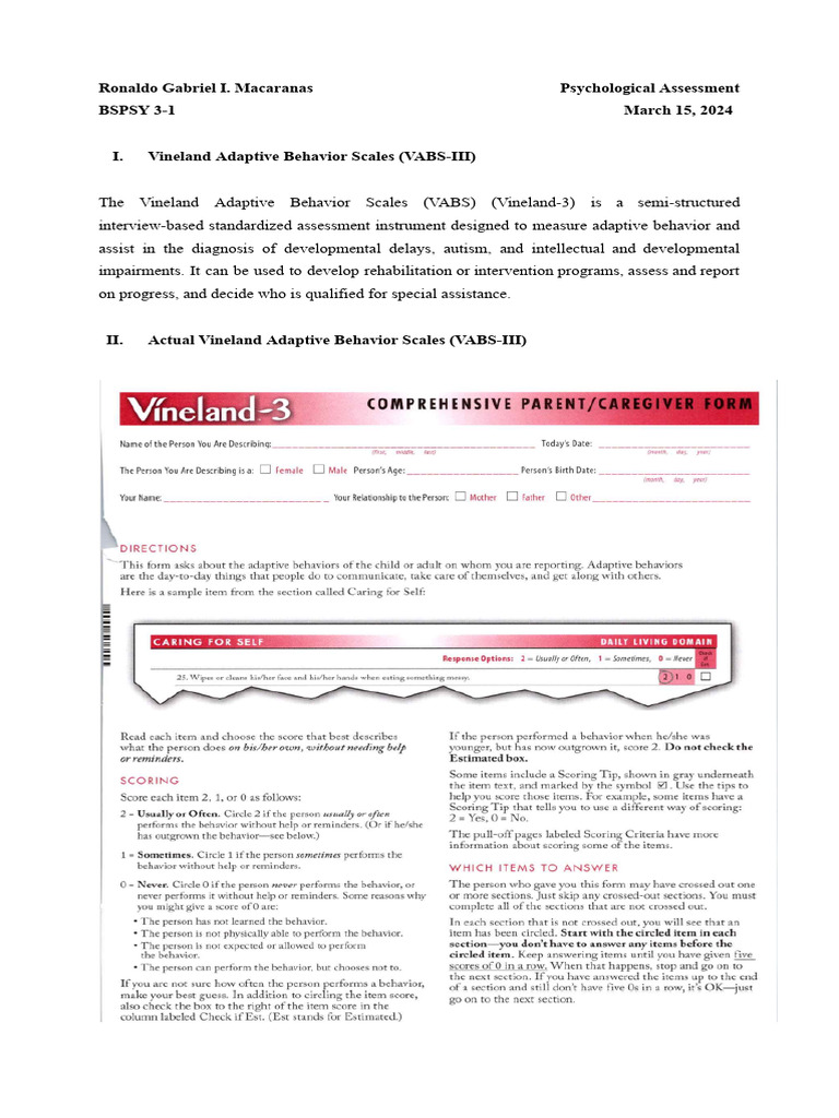Vineland Adaptive Behavior Scales Overview | PDF | Psychology ...