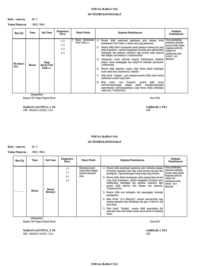 Jurnal Harian PAI Kelas II SD 2023 | PDF
