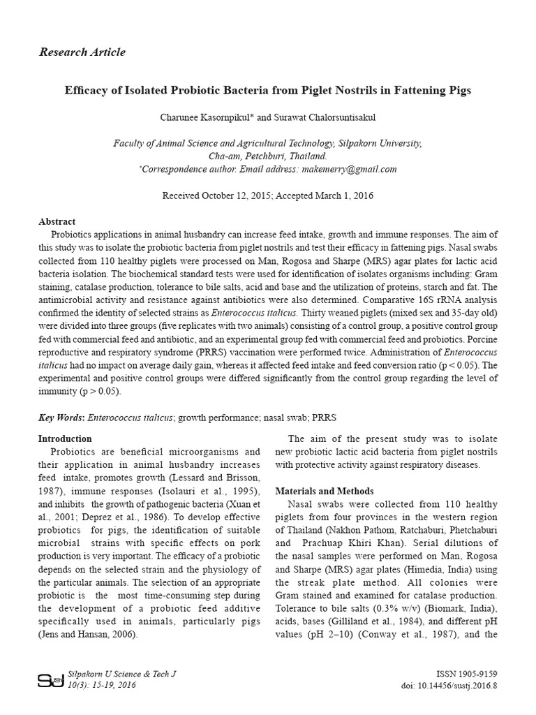 Efficacy of Isolated Probiotic Bacteria From Piglet Nostrils in ...