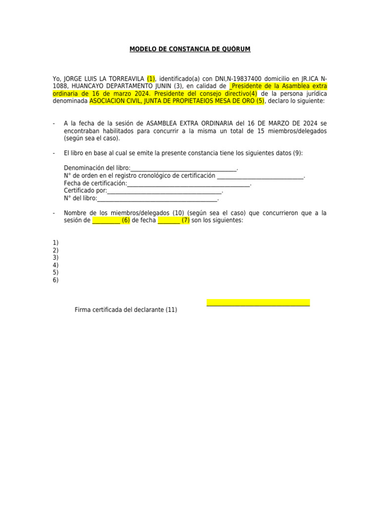 Modelo de Constancia de Quórum | PDF | Documento de identidad | Quórum