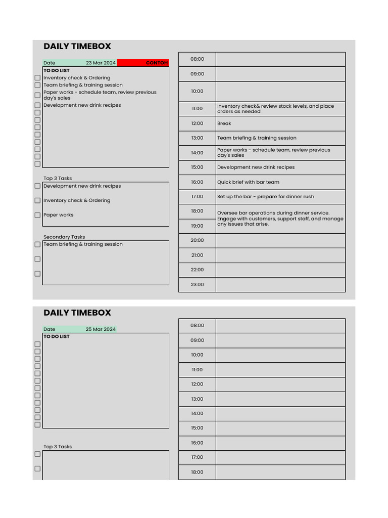 Contoh2yuki Daily Timebox - Exercise - Google Sheets | PDF | Time ...