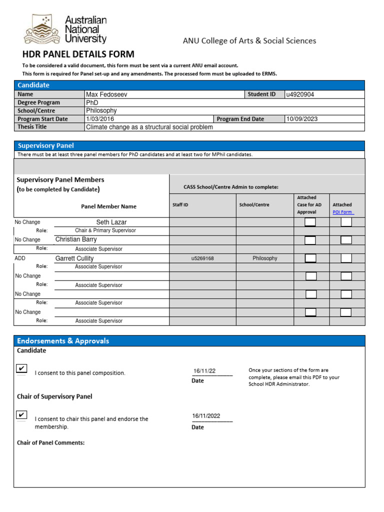 ANU HDR Supervisory Panel Details Form | PDF | Academic Degree | Doctor ...
