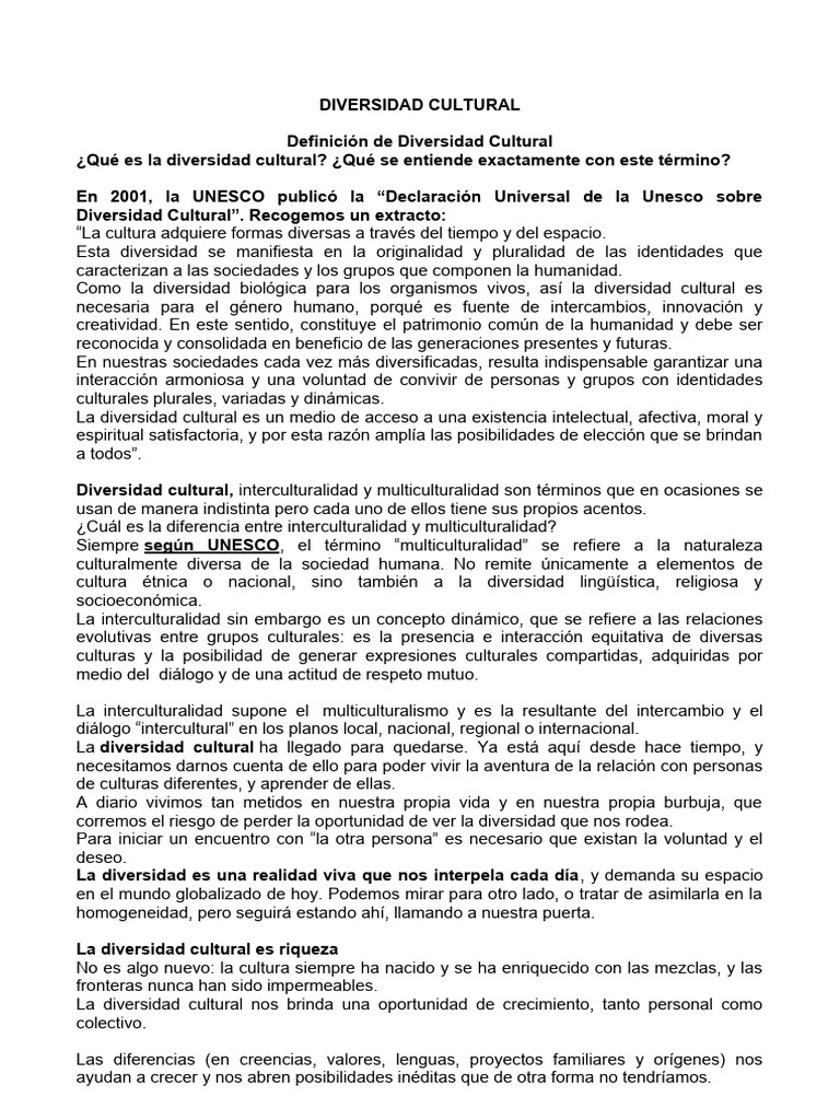 Diversidad Cultural y su Importancia | PDF | Multiculturalismo | Sociedad