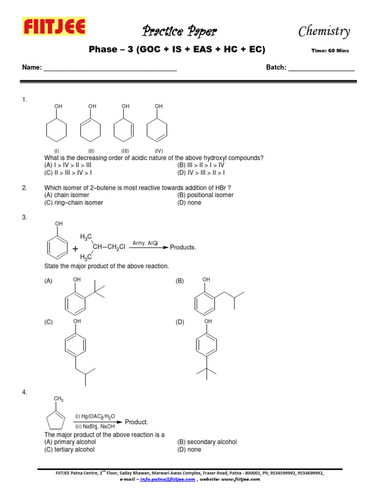Practice Paper - Phase 3 | PDF | Chemical Reactions | Alkane
