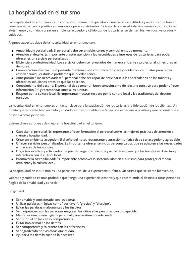 La Hospitalidad en El Turismo | PDF