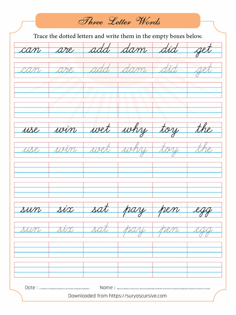 Cursive Three Letter Words Worksheet PDF Cursive Three Letter Words Worksheet PDF