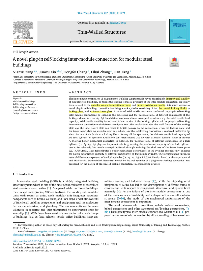 A Novel Plug-In Self-Locking Inter-Module Connection For Modular Steel ...