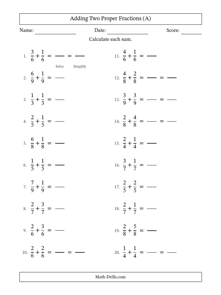 Adding Two Proper Fractions Worksheet | PDF | Mathematics | Division ...