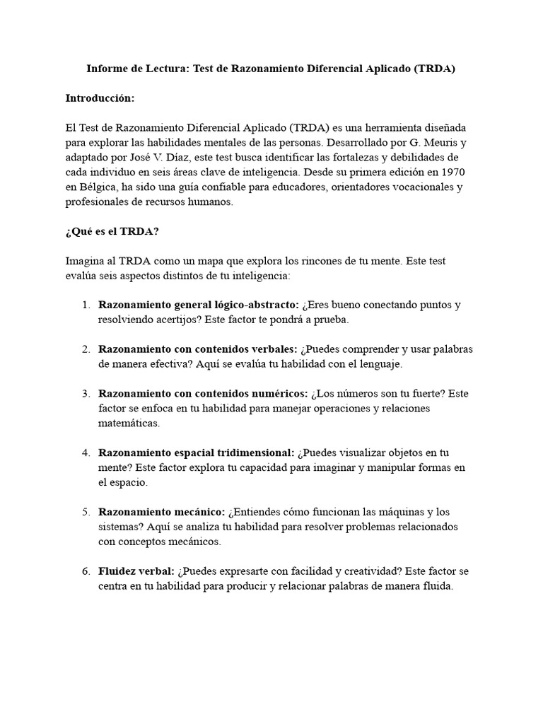 Informe de Lectura - TRDA | PDF | Inteligencia | Mente