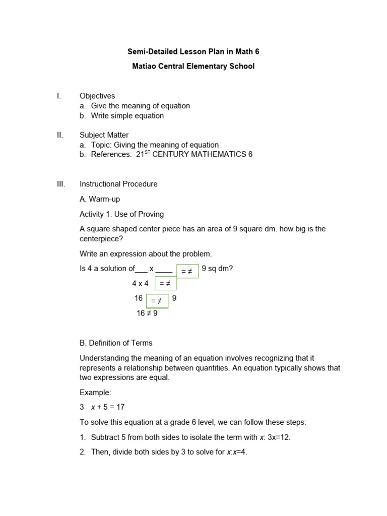 7th Lesson Plan - TEMPLATE | PDF | Equations | Mathematics