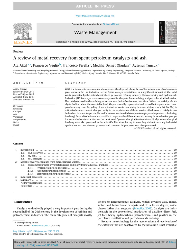 A Review of Metal Recovery From Spent Petroleum Catalysts and Ash | PDF ...
