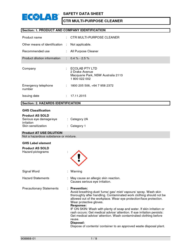 CTR Multi-Purpose Cleaner Safety Data | PDF | Toxicity | Personal ...