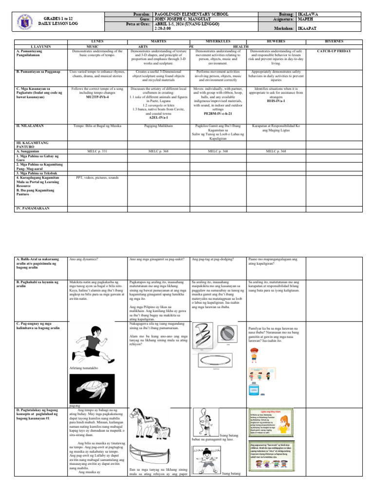Grade 2 MAPEH Lesson Plan April 2024 | PDF