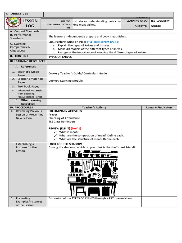 Week 1 day 1 3 types of knives pdf learning teachers