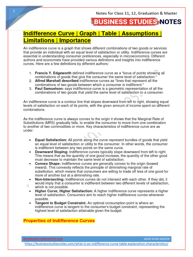 Indifference Curve Graph Table Assumptions Limitations Importance | PDF