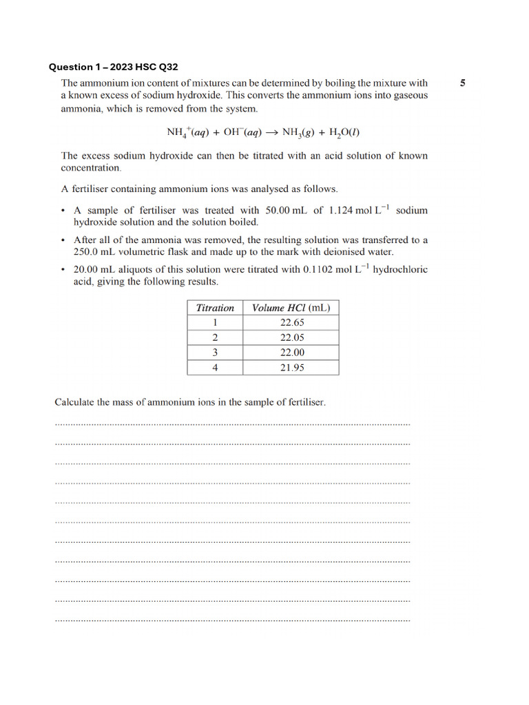 HSC Titration Questions 20232018 PDF