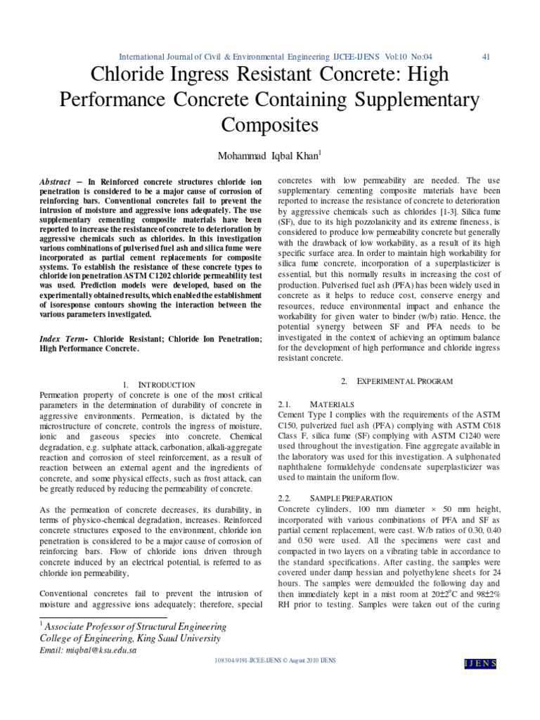 Chloride Resistant High Performance Concrete | PDF | Concrete | Cement