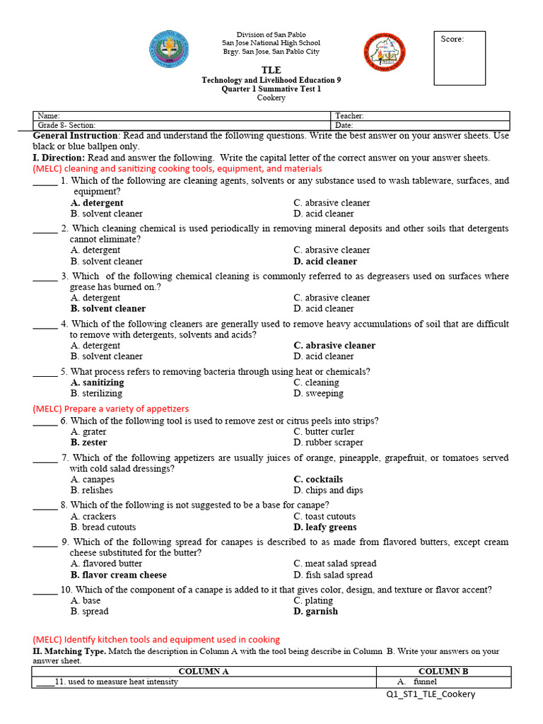 Summative Test 1 In Cookery Pdf Salad Foods