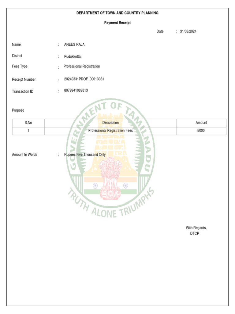 Professional Registration Payment Receipt | PDF