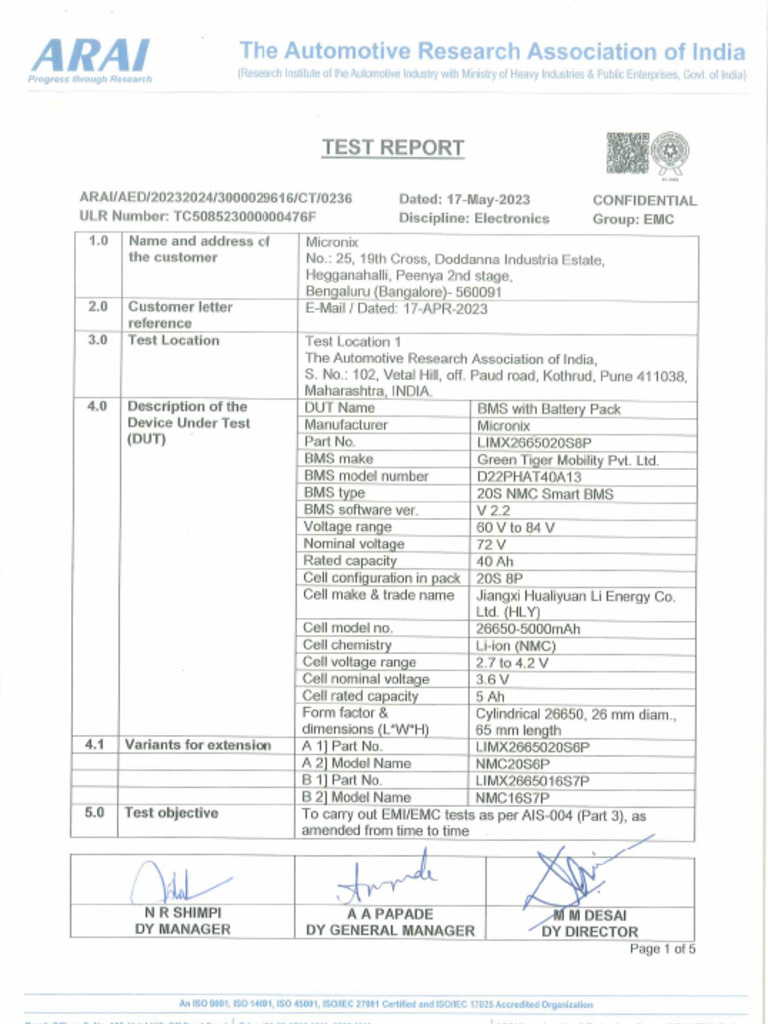 BMS Emi Emc Test Report Arai Greentiger PDF