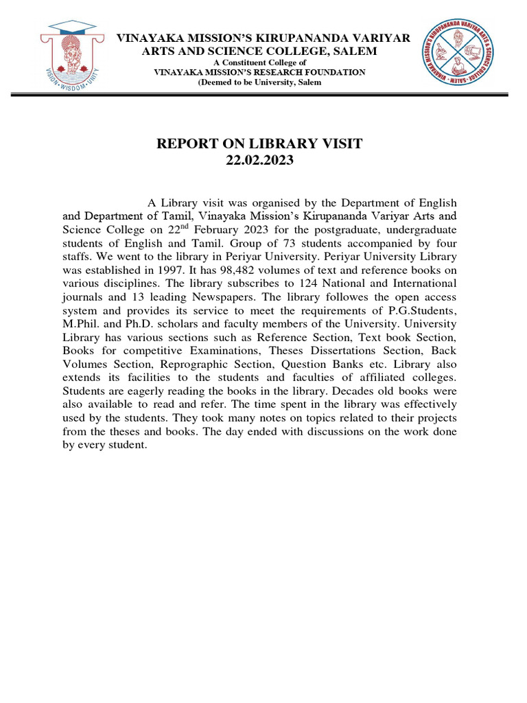 Library Visit Report - Vinayaka Mission | PDF | Thesis | Libraries
