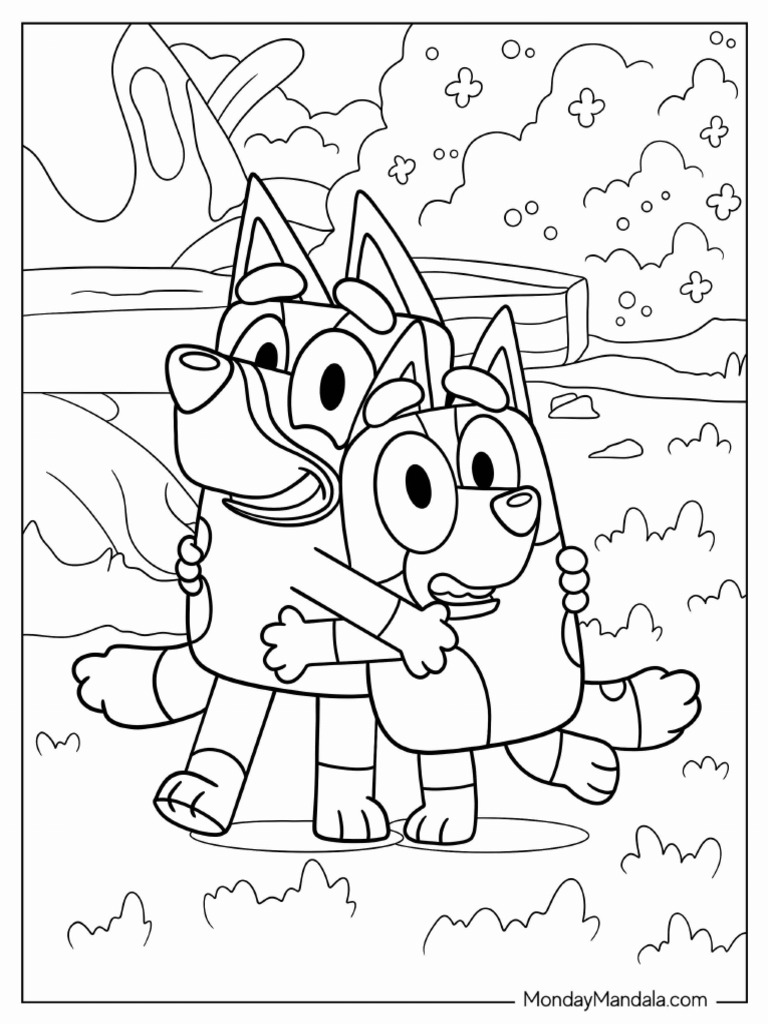 Cute Bluey and Bingo Hugging Cartoon Coloring Page | PDF