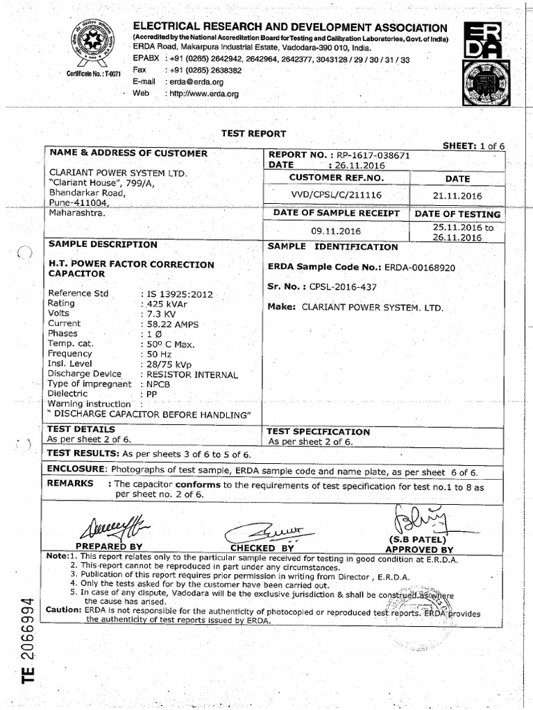 Type Test Report For 425KVAR Capacitor | PDF