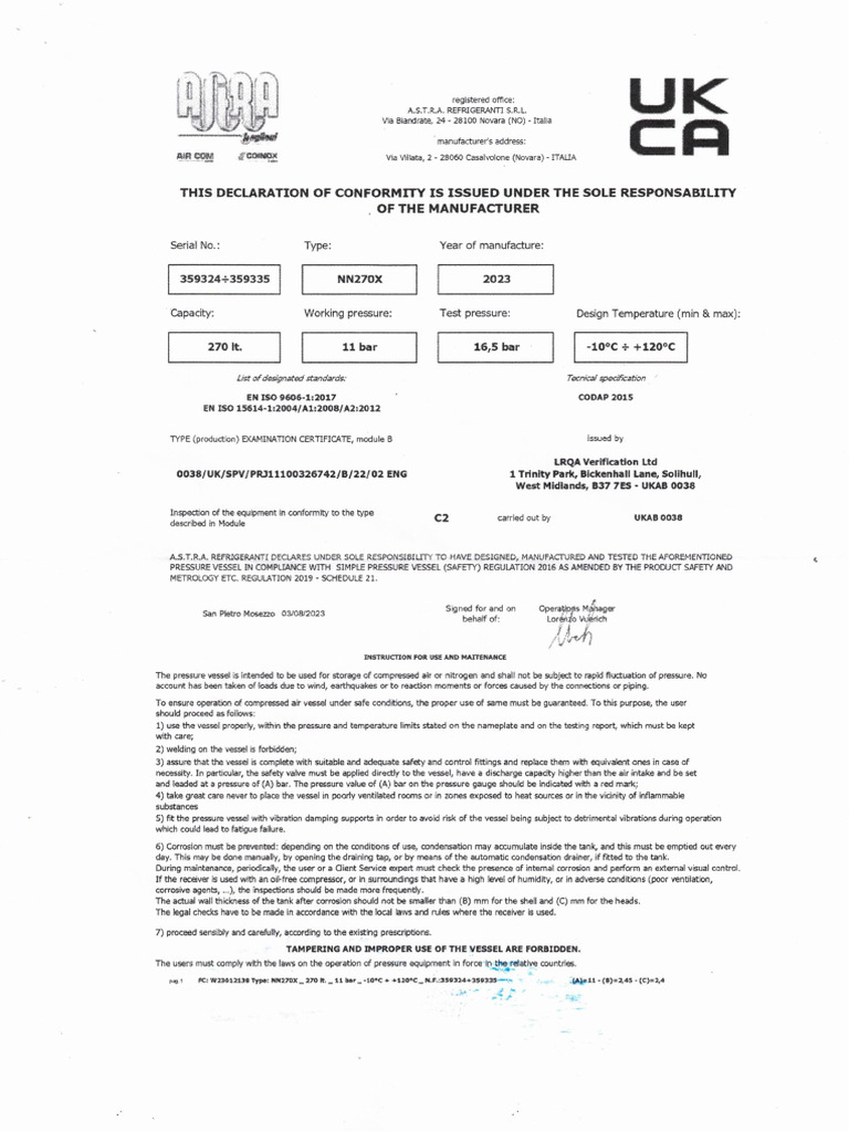 Certificado Ce Compresor Ukca - 000029 | PDF