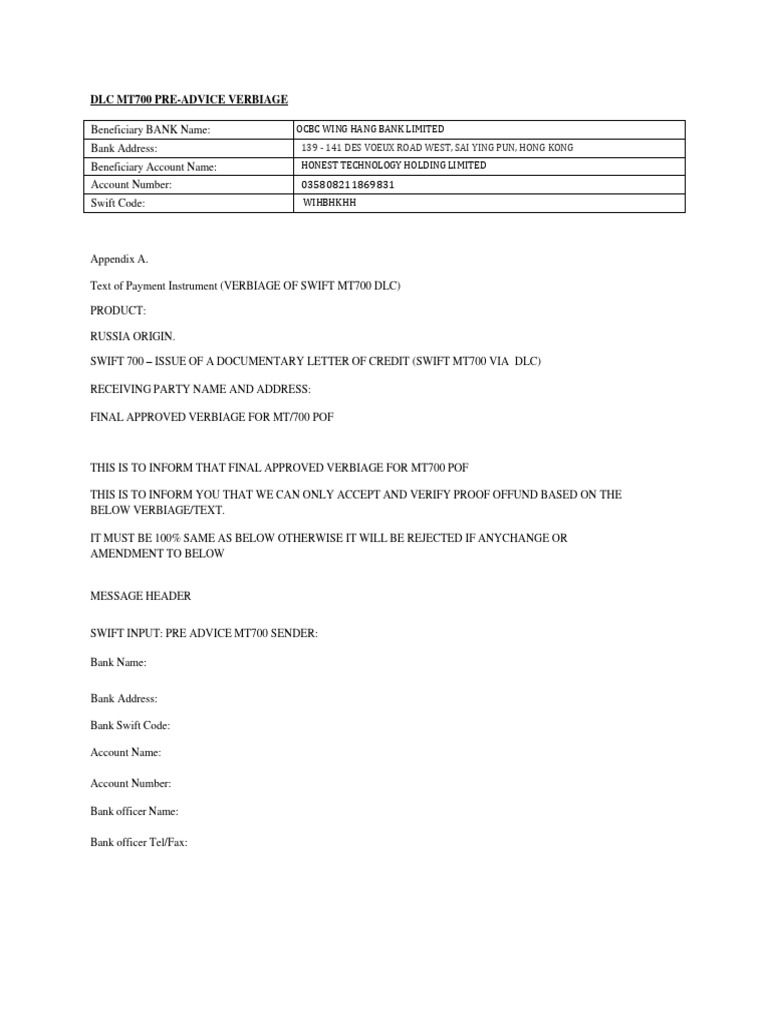 MT700 DLC Pre-Advice Verbiage Guide | PDF | Letter Of Credit | Money