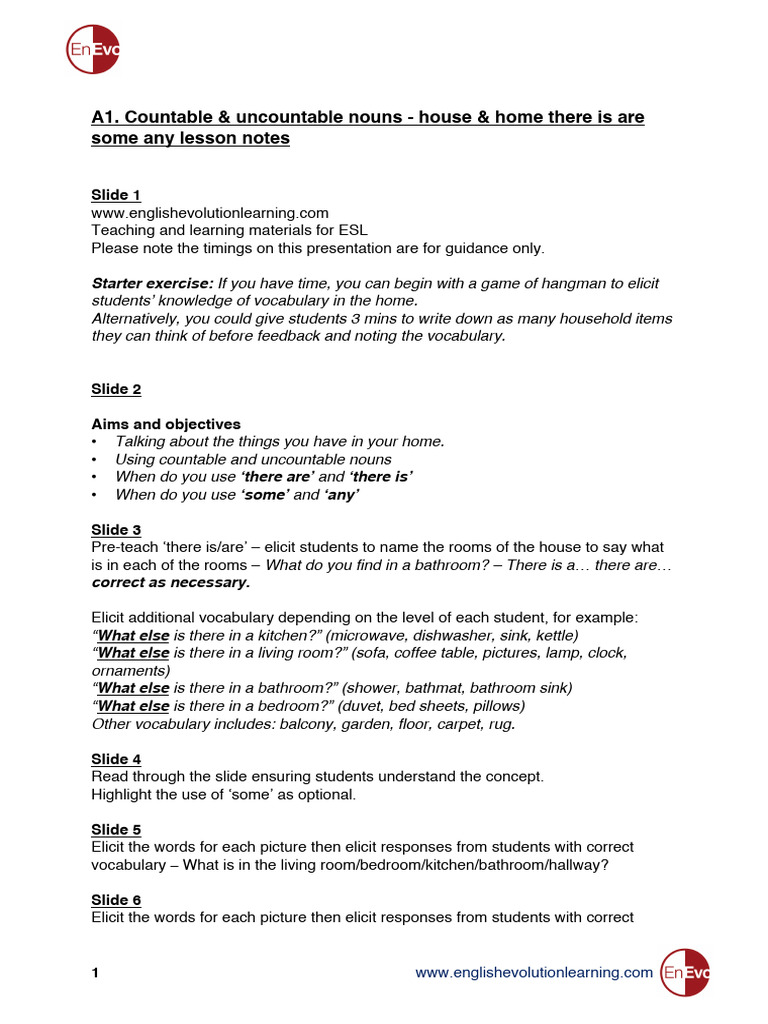 A1. Countable & Uncountable Nouns House & Home There Is Are Some Any