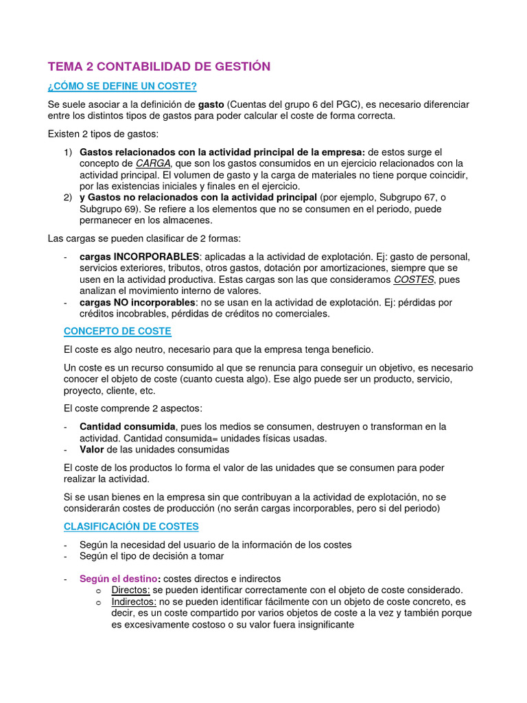 Clasificación y Definición de Costes en Contabilidad | PDF | Costo ...