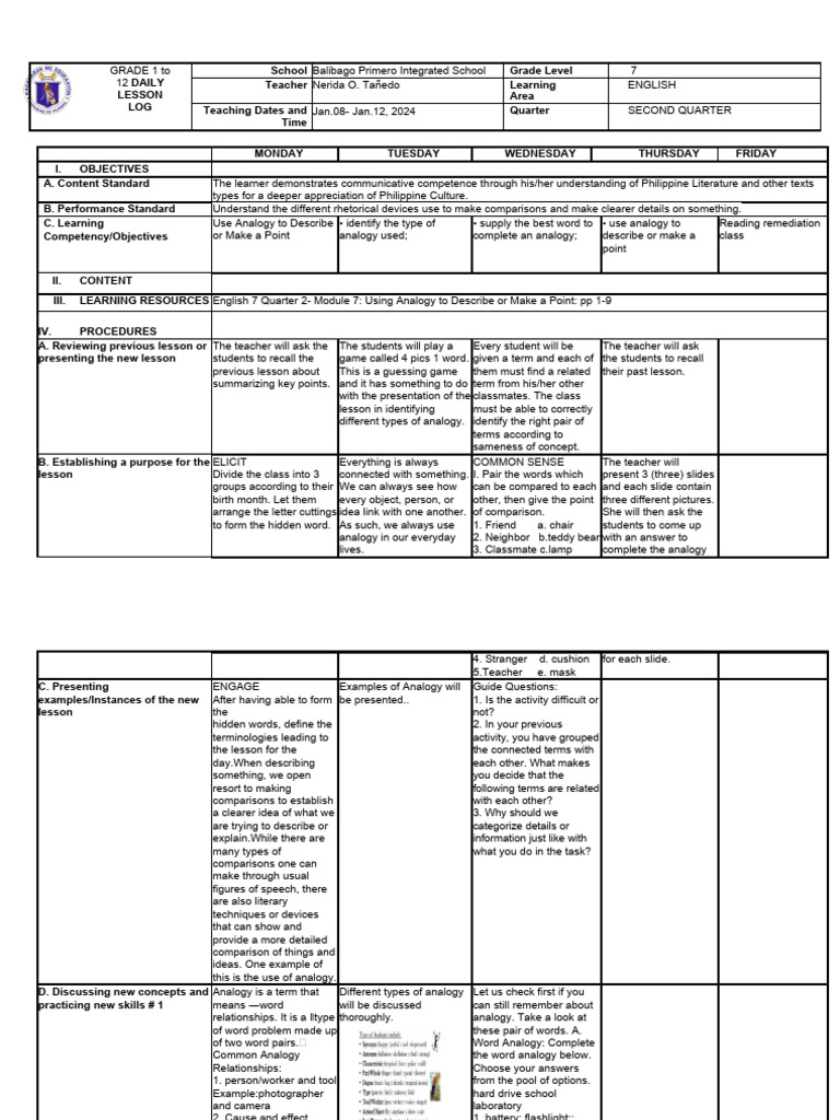 Grade 7 English Lesson Plan: Analogy | PDF | Analogy | Learning