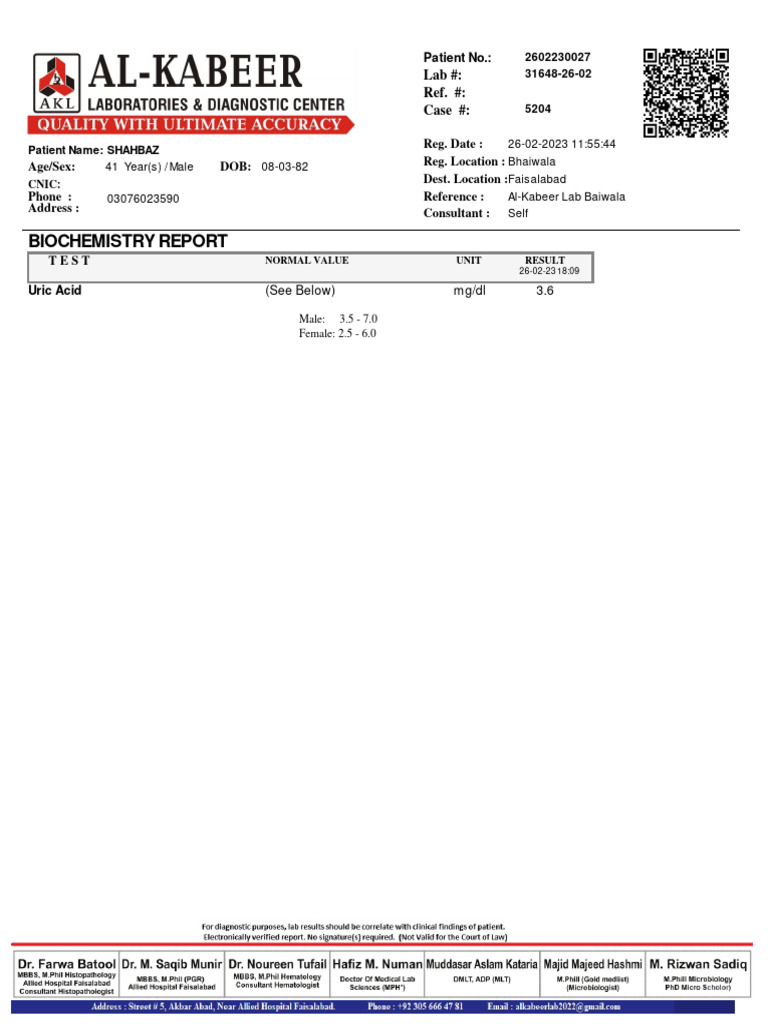 Uric Acid Biochemistry Report for Male | PDF