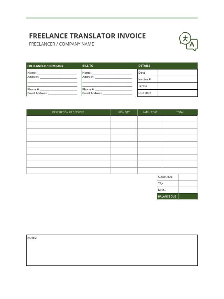 Freelance Translator Invoice Template PDF