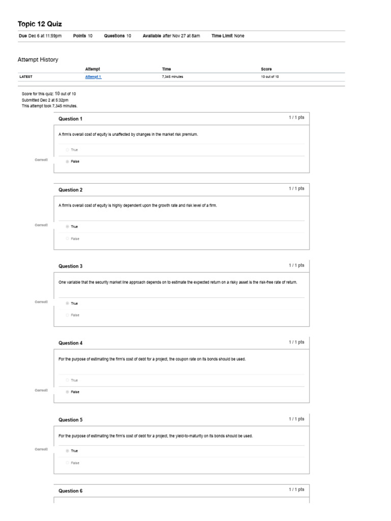 Topic 12 Quiz Mgmt 310 Introduction To Finance Pdf Cost Of