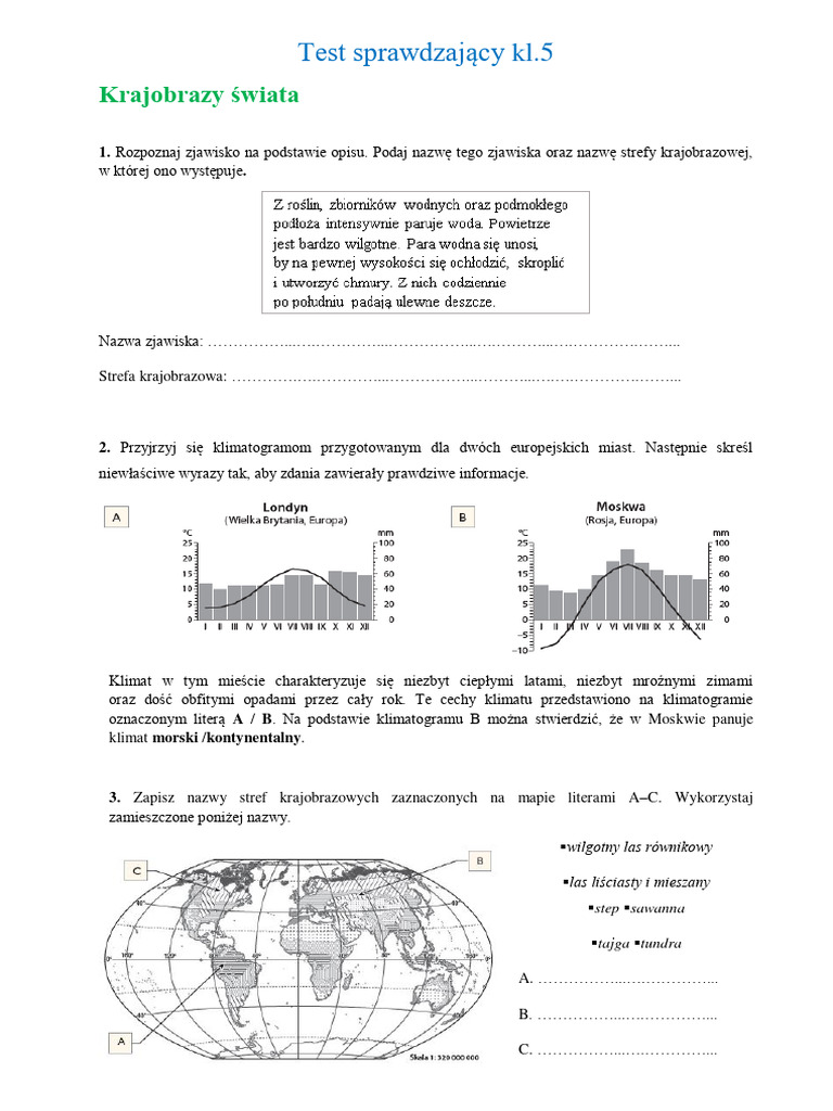 Test Z Geografi Klasa 5 Test Sprawdzający kl.5 KRAJOBRAZY ŚWIATA | PDF