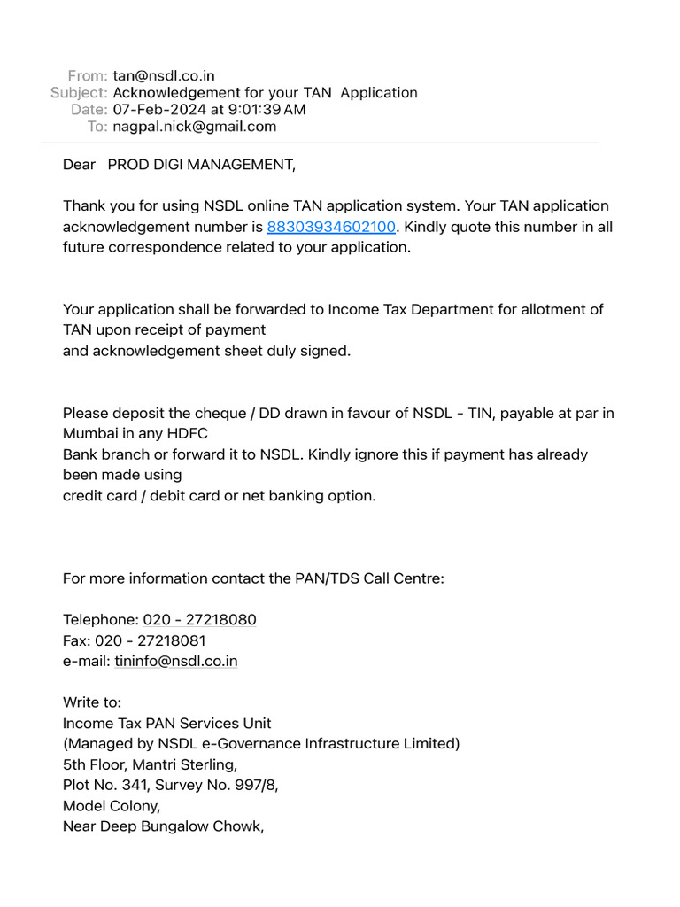 NSDL TAN Application Acknowledgement | PDF